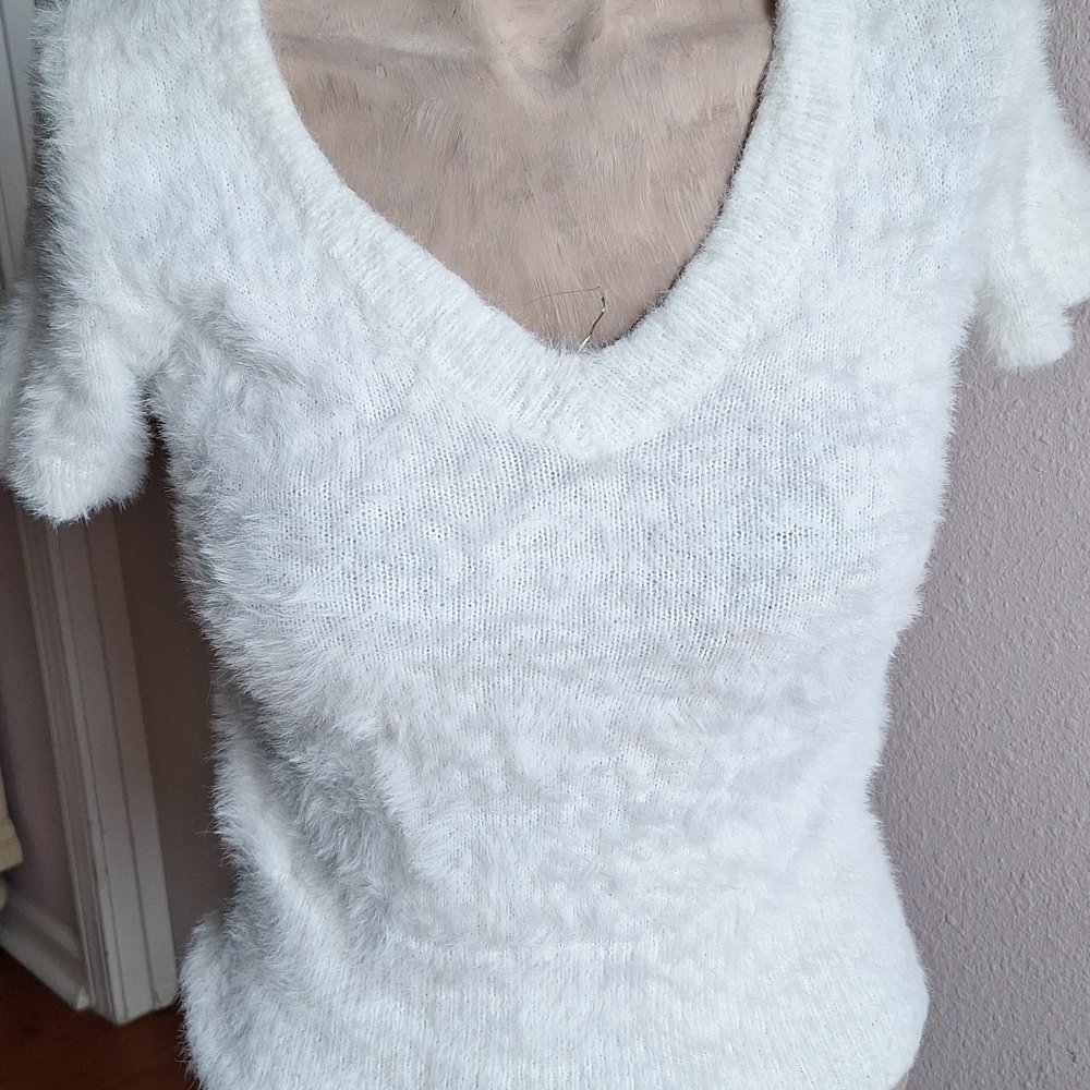 No Boundaries Fuzzy White V-Neck Sweater